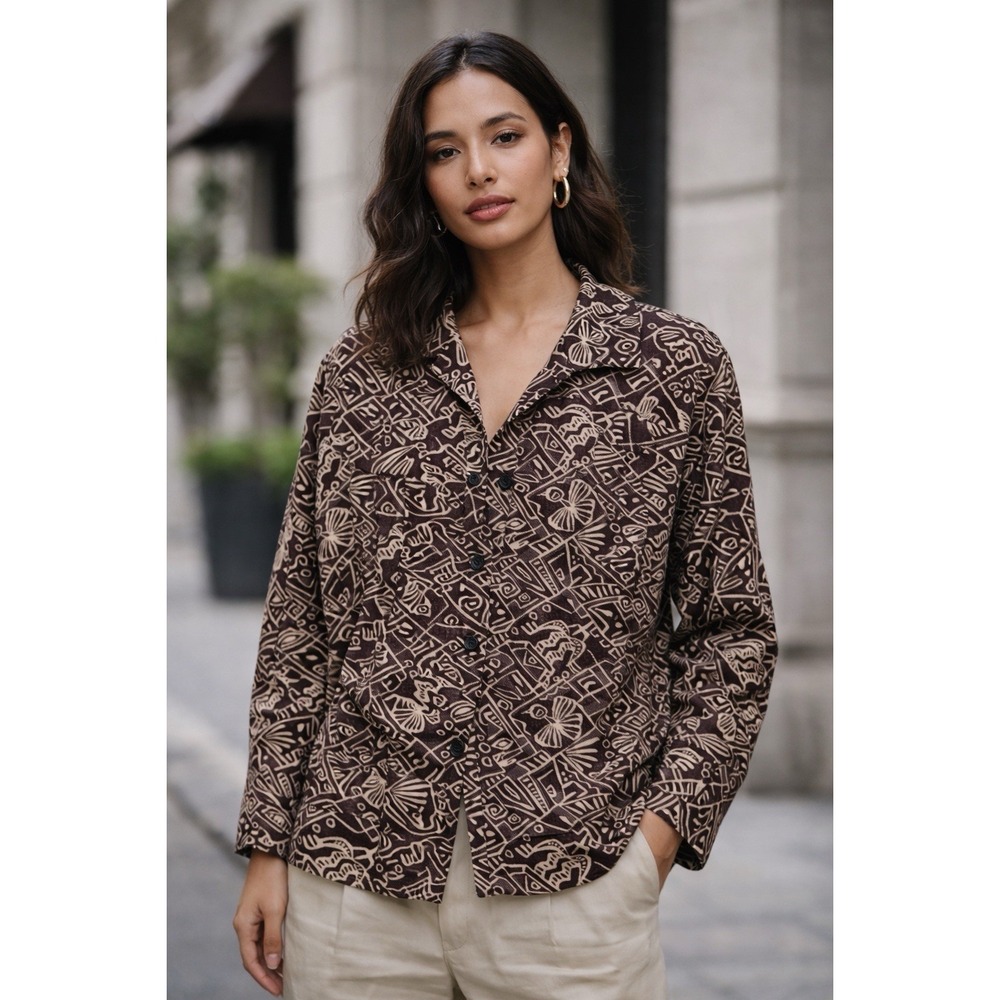 Chicos Silk Blend Jacquard Jacket Brown Abstract Geometric Butterfly Size 2